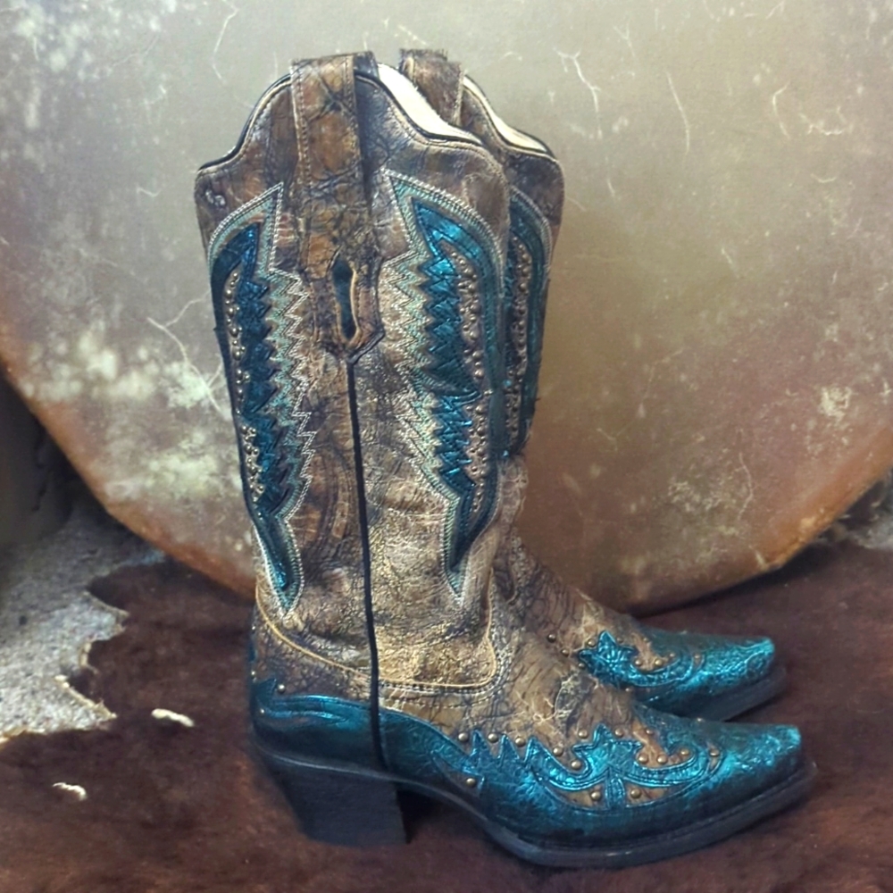 CORRAL R1232 distressed brown & turquoise studded Thunderbird cowgirl boots 6.5 - Picture 6 of 16